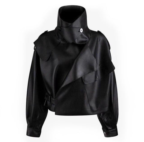 Oversized Turn Down High Neck Collar Black Vegan Leather Jacket