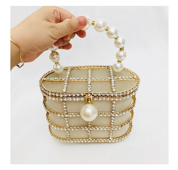 Diamond Jewel Cage Bucket Bag with Pearl Handle