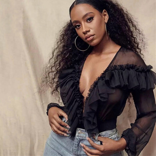 Chiffon Frill Front Bodysuit Blouse