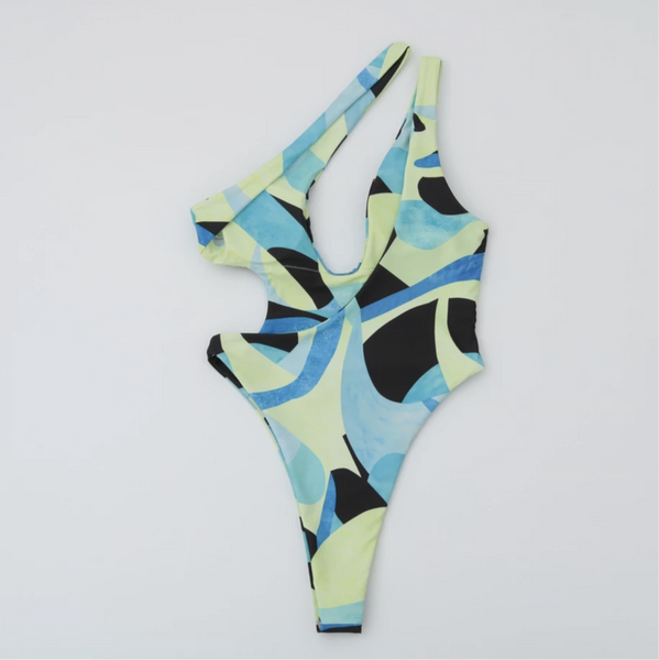 Retro Print Hollow Out One Shoulder Swim Bodysuit