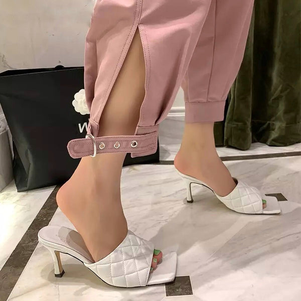 Square Toe Genuine Leather High Heel Mules