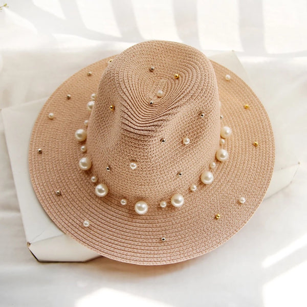 Straw Sun Hat with Pearl and Gold Stud detail