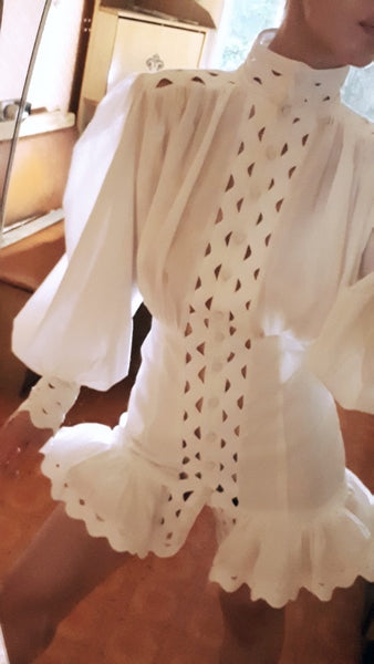 Long Lantern Sleeve Cut Out Ruffle Hem Shirt Dress