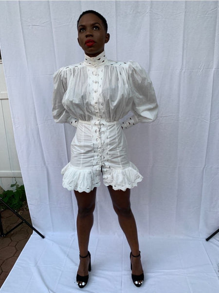 Long Lantern Sleeve Cut Out Ruffle Hem Shirt Dress