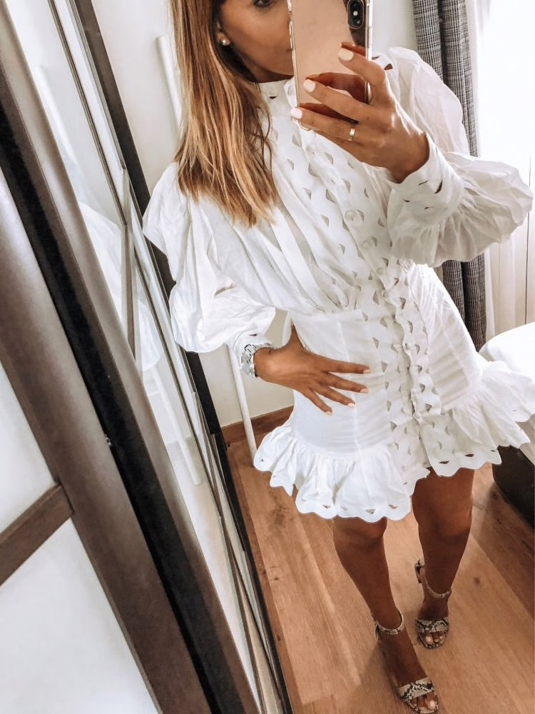 Long Lantern Sleeve Cut Out Ruffle Hem Shirt Dress AZURA THE LABEL
