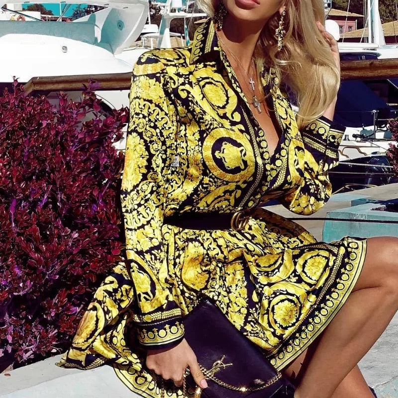 Donatella Gold and Black Print Short Dress Gold / XL