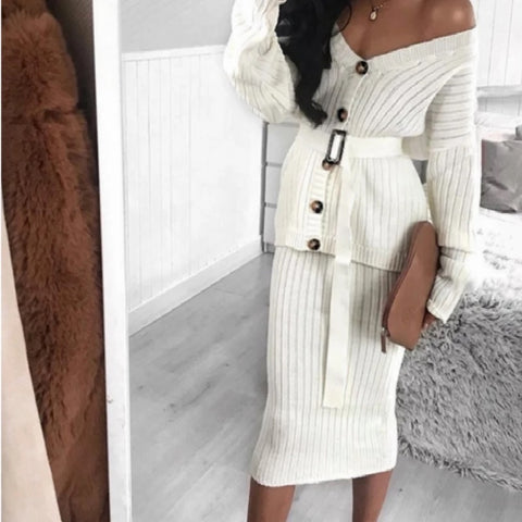 Elegant White Two Piece Knitted Skirt with Belted Button Up Cardigan