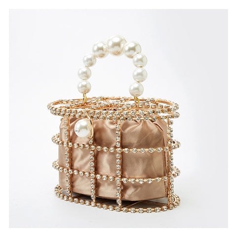 Gold Diamond Jewel Cage Bucket Bag with Pearl Handle