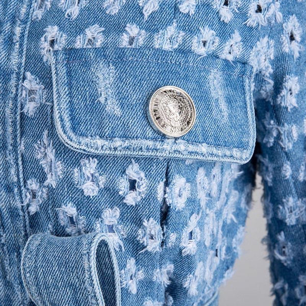 Distressed Denim Hallow Belted Jacket