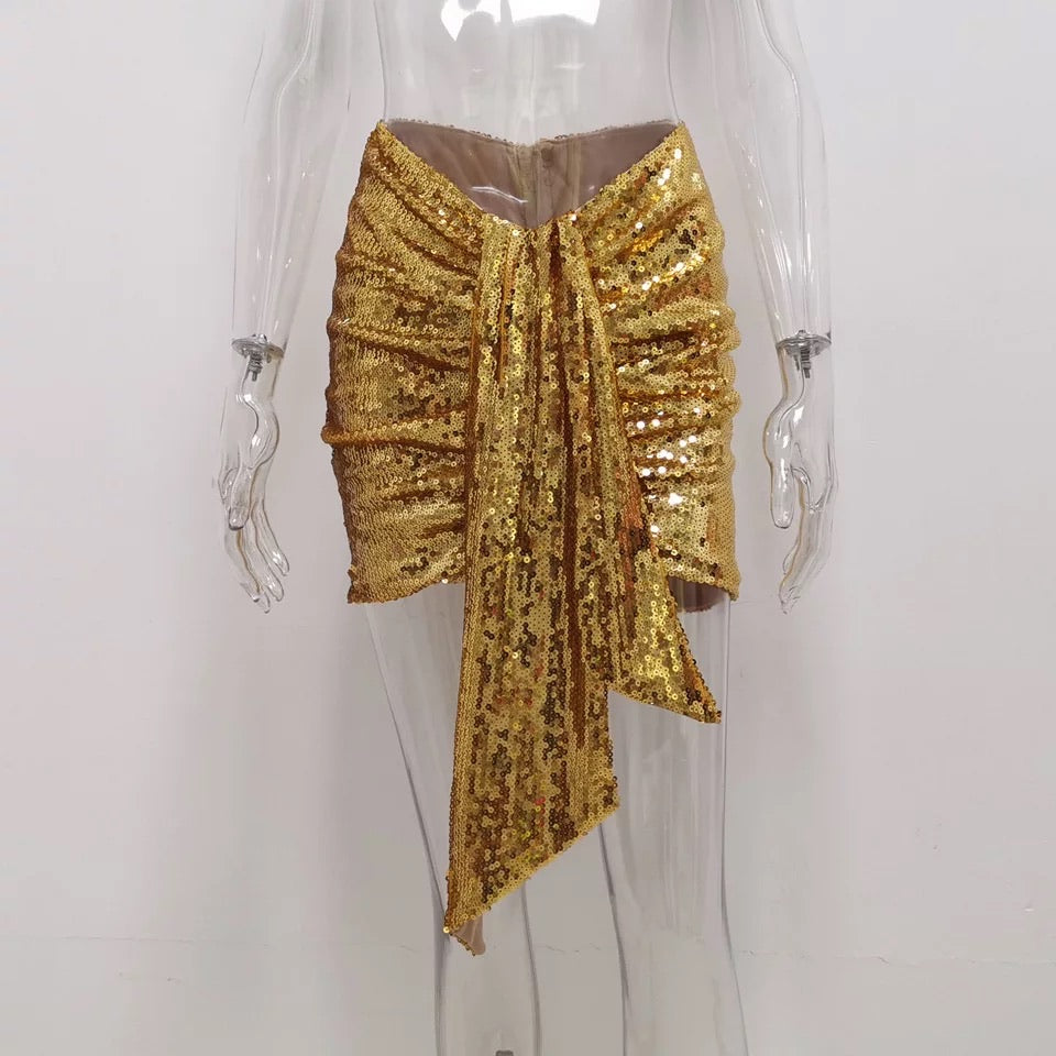 Shiny Gold Sequin Short Drape Wrap Skirt