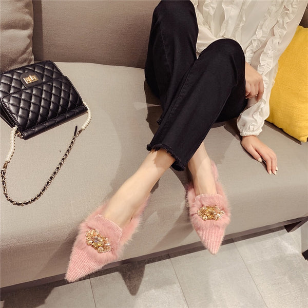 Pointed Toe Fluffy Jewel Slip on Slides