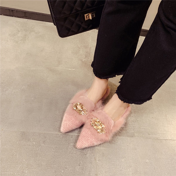 Pointed Toe Fluffy Jewel Slip on Slides