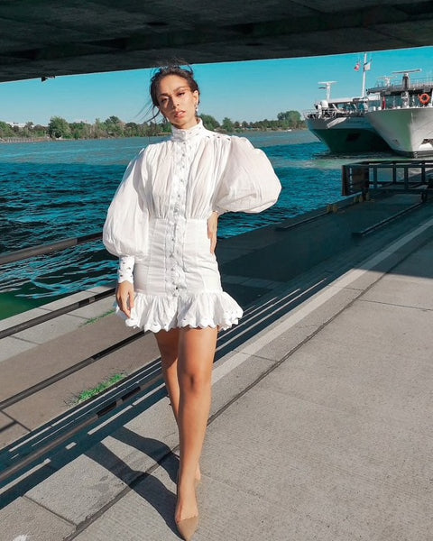 Long Lantern Sleeve Cut Out Ruffle Hem Shirt Dress