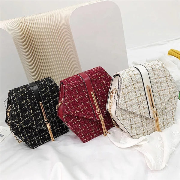 Hexagon Tweed Flap Messenger Bag