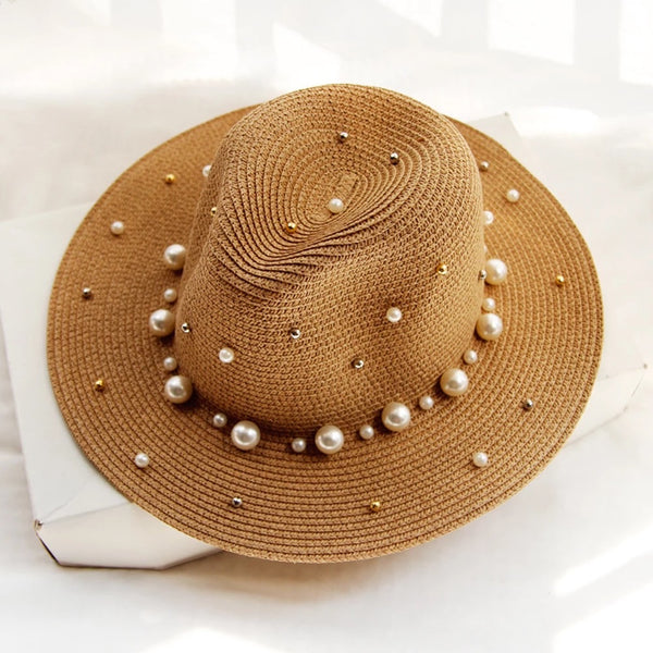 Straw Sun Hat with Pearl and Gold Stud detail