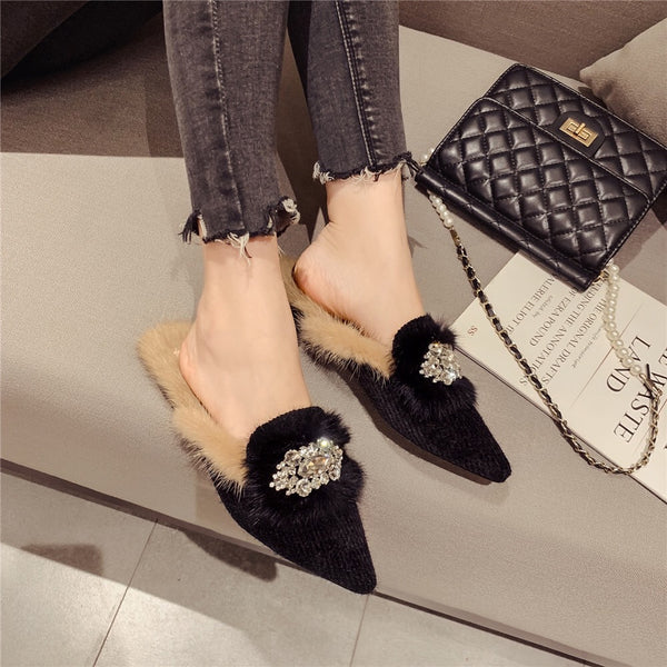 Pointed Toe Fluffy Jewel Slip on Slides