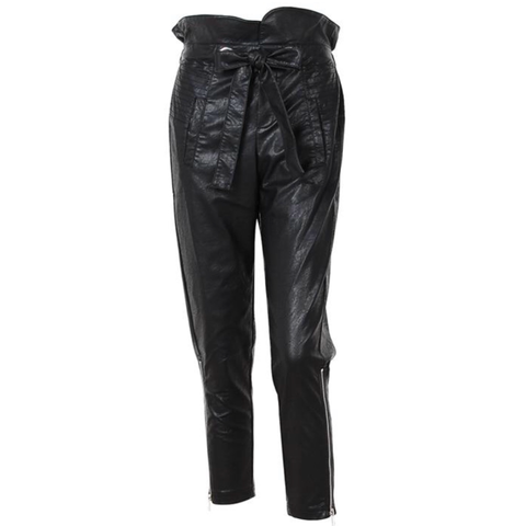 Vegan Leather High Ruffle Waist Pencil Trousers