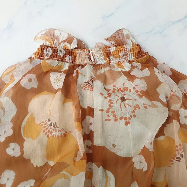 Vintage Print Long Ruffle Dress with Lantern Sleeves