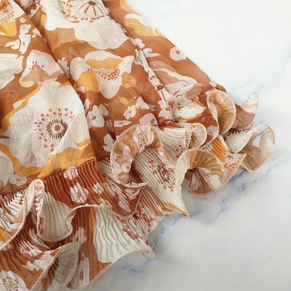 Vintage Print Long Ruffle Dress with Lantern Sleeves