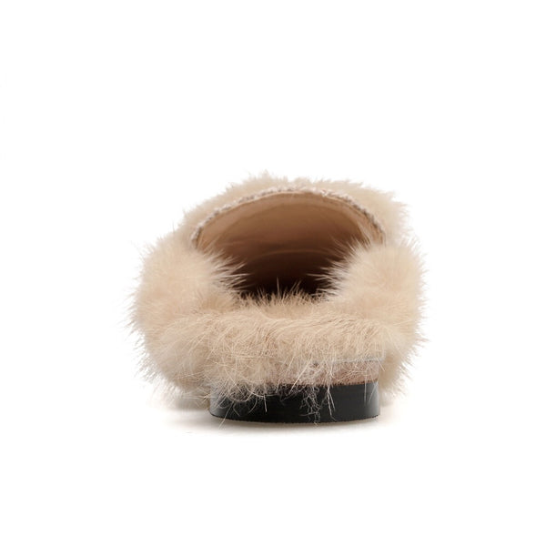 Pointed Toe Fluffy Jewel Slip on Slides