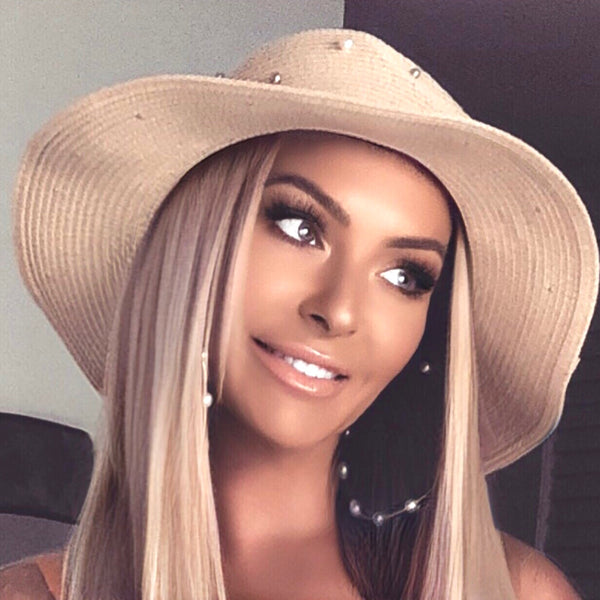 Straw Sun Hat with Pearl and Gold Stud detail