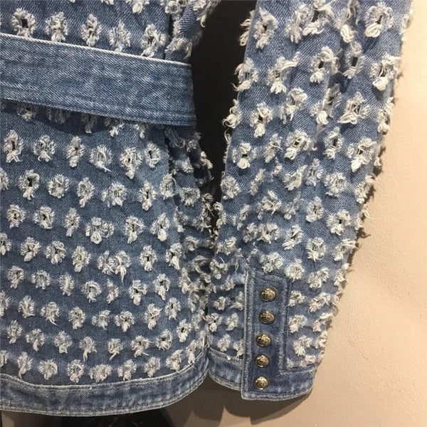 Distressed Denim Hallow Belted Jacket
