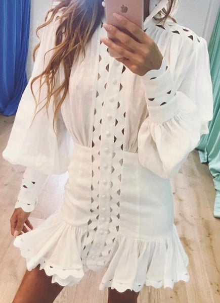 Long Lantern Sleeve Cut Out Ruffle Hem Shirt Dress