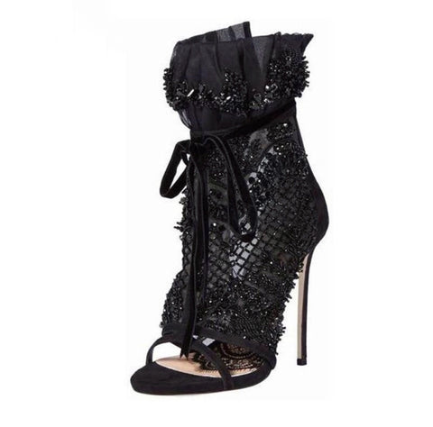 Runway Black Lace Crystal Studded Open Toe Stiletto Boots