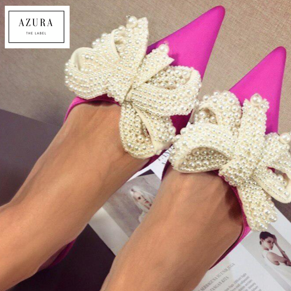 Pointed Toe Pearl Butterfly Knot Silk Slides