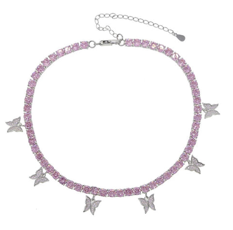 Iced Out Pink Butterfly Diamond Choker Tennis Necklace