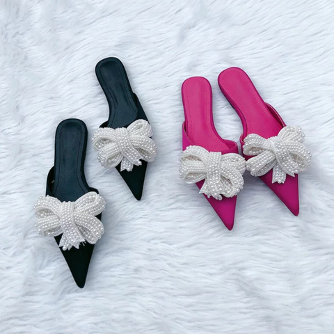 Pointed Toe Pearl Butterfly Knot Silk Slides