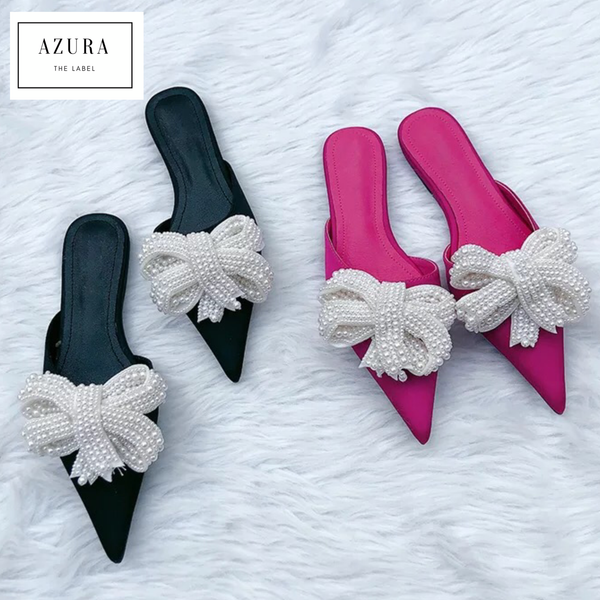 Pointed Toe Pearl Butterfly Knot Silk Slides