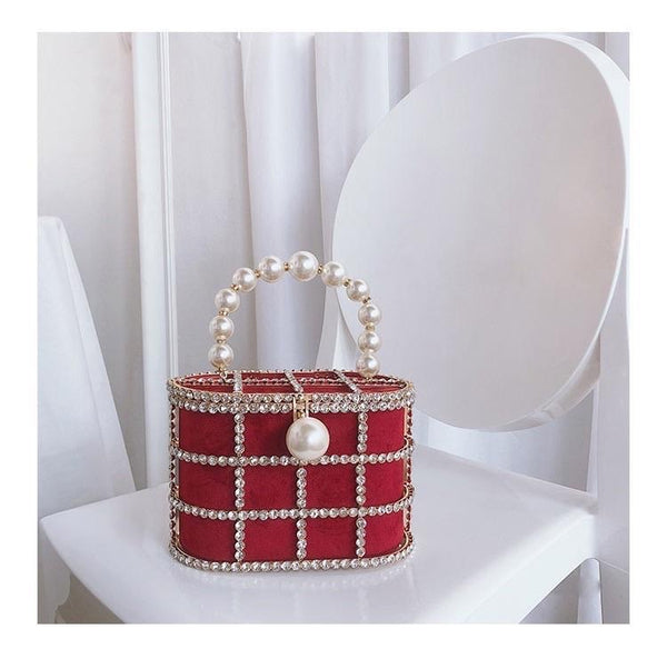 Diamond Jewel Cage Bucket Bag with Pearl Handle