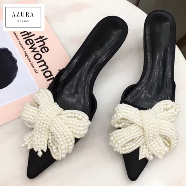Pointed Toe Pearl Butterfly Knot Silk Slides