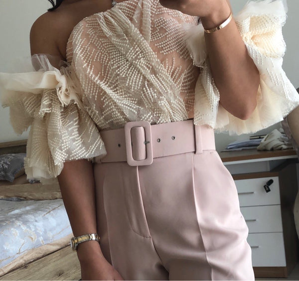 Off Shoulder Embroidery Flare Sleeve Crop Top