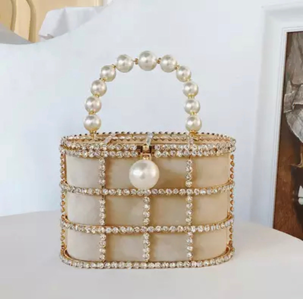 Diamond Jewel Cage Bucket Bag with Pearl Handle