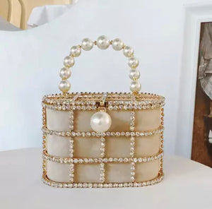 Diamond Jewel Cage Bucket Bag with Pearl Handle