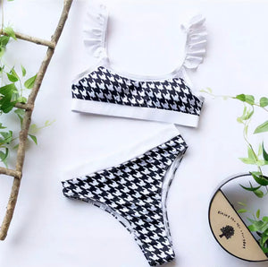 Plaid Houndstooth Ruffled High Waist Bikini