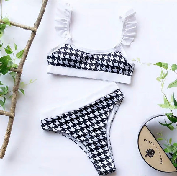 Plaid Houndstooth Ruffled High Waist Bikini