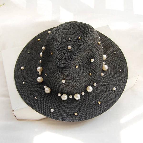 Straw Sun Hat with Pearl and Gold Stud detail