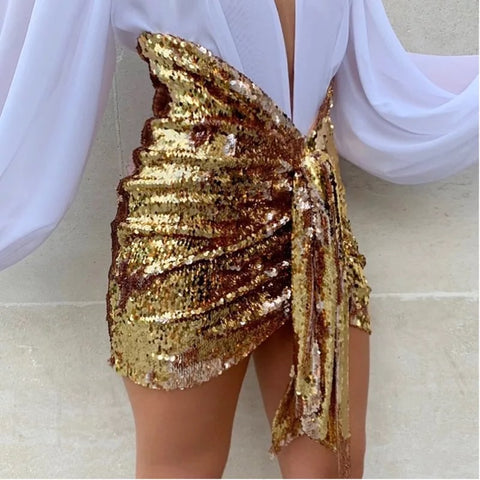 Shiny Gold Sequin Short Drape Wrap Skirt