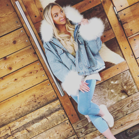 Denim Jacket with Fluffy Fur Collar and Cuffs