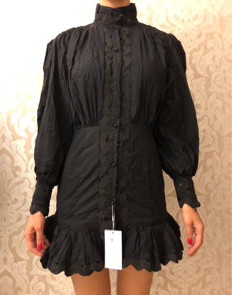 Long Lantern Sleeve Cut Out Ruffle Hem Shirt Dress