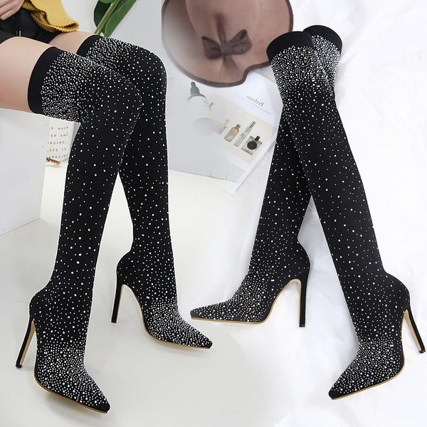 Thigh High Rhinestone Crystal High Heel Sock Boots