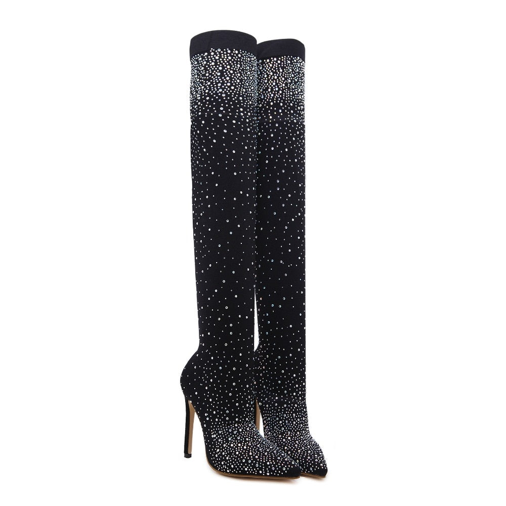 Thigh High Rhinestone Crystal High Heel Sock Boots