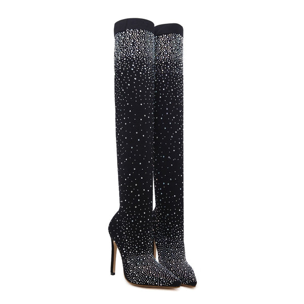 Thigh High Rhinestone Crystal High Heel Sock Boots
