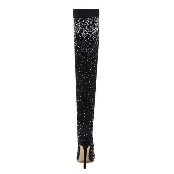 Thigh High Rhinestone Crystal High Heel Sock Boots
