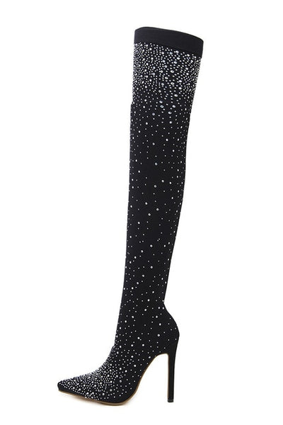 Thigh High Rhinestone Crystal High Heel Sock Boots