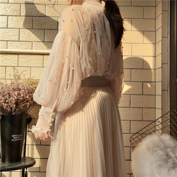 Puff Sleeve High Neck Chiffon Blouse with Pearl Drop Buttons and Detail