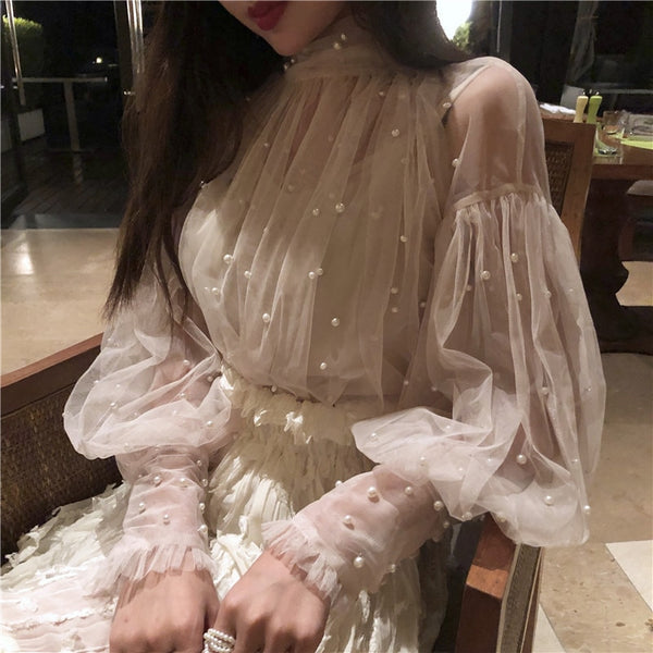 Puff Sleeve High Neck Chiffon Blouse with Pearl Drop Buttons and Detail
